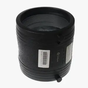 HDPE electrofusion coupler and compression coupler side by side on white surface