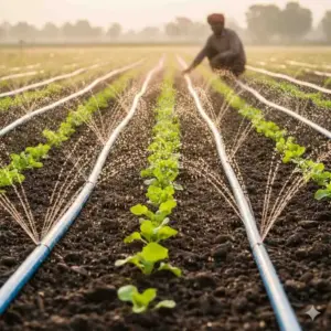 Farmer installing sprinkler irrigation system in field before kharif sowing season in India