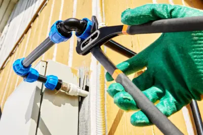 Indian plumber tightening PP compression fitting on HDPE pipe using wrench for quick last mile water supply connection