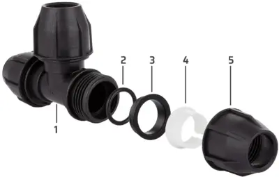Internal structure of PP compression fitting with compression nut, grip ring and EPDM O-ring ensuring watertight seal